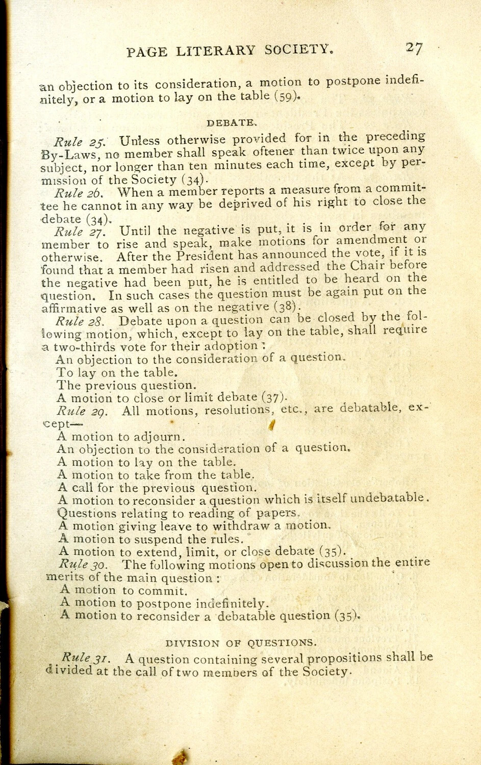 Page Literary Society Rule Book, Page 27 - Rules on Debate and Division of Questions