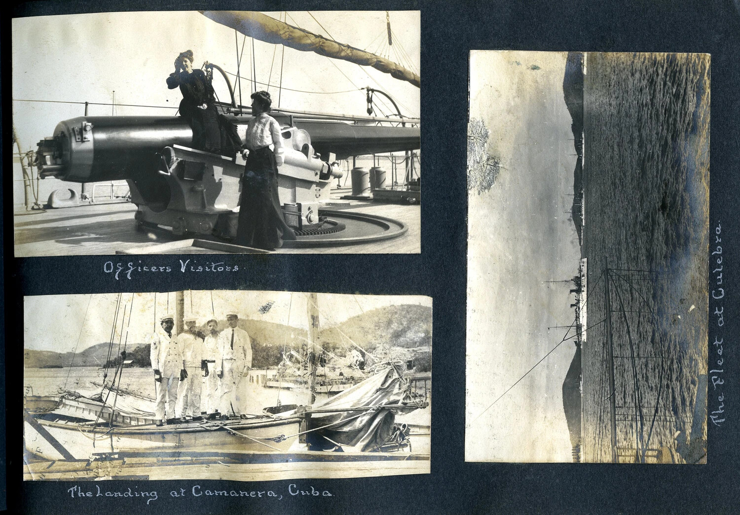 Album Page: Officers' Visitors, Landing at Camanera (Cuba), and The Fleet at Culebra - USS Columbia Album