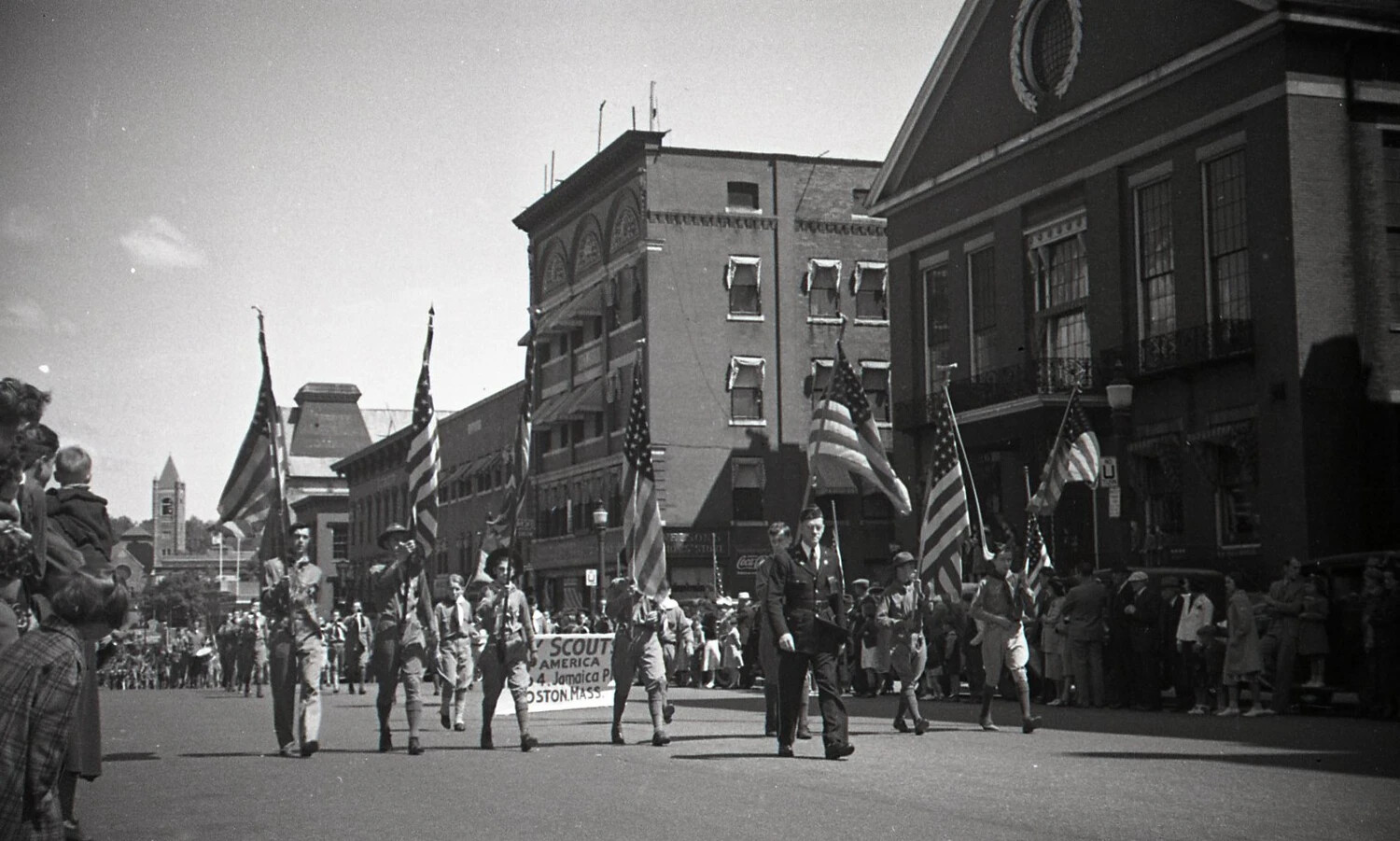 Boy Scout Troop 4, Jamaica Plain, Boston, Marching with Color Guard Banner, c. 1940s