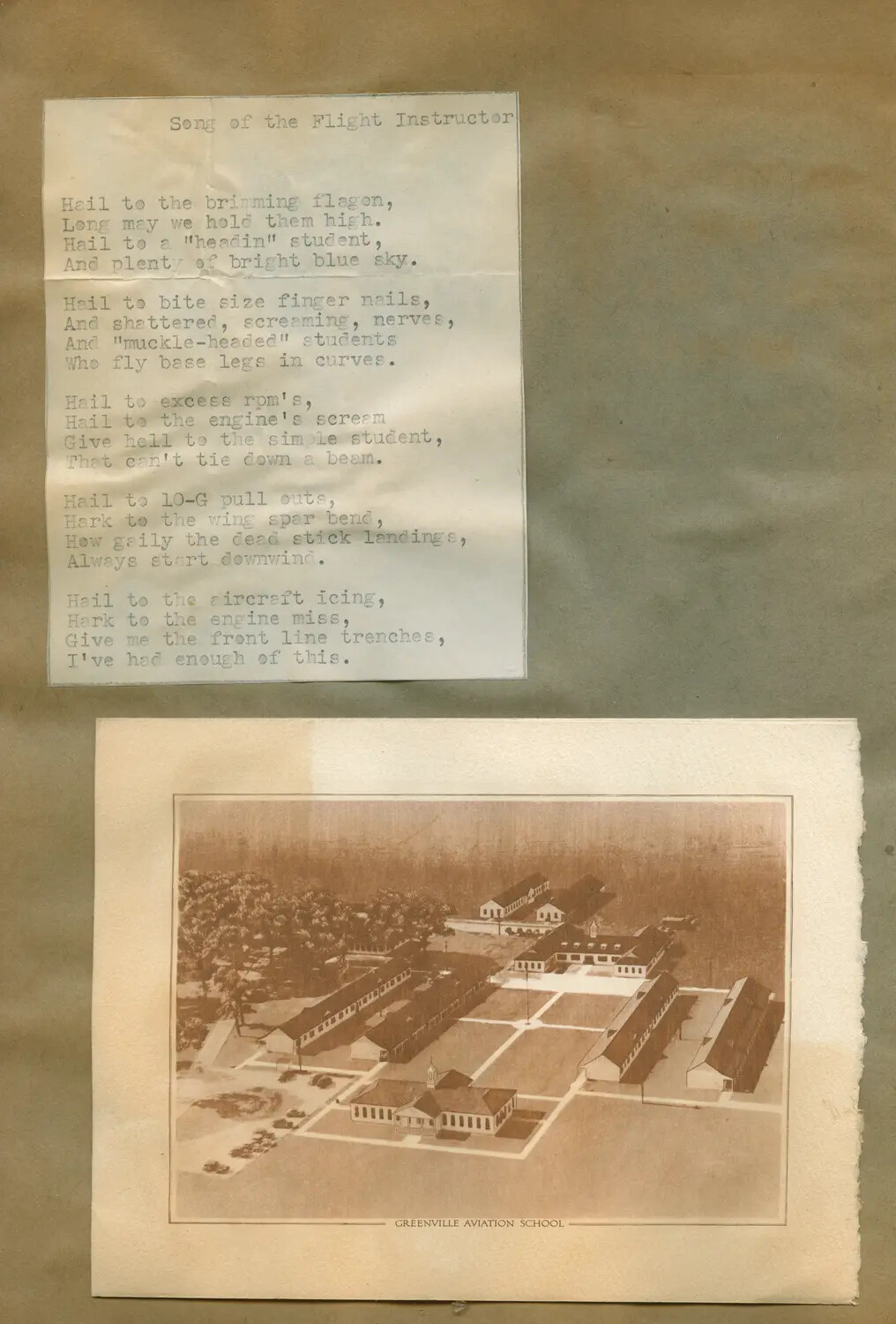 Album Page: 'Song of the Flight Instructor' Poem and Aerial View of Greenville Aviation School