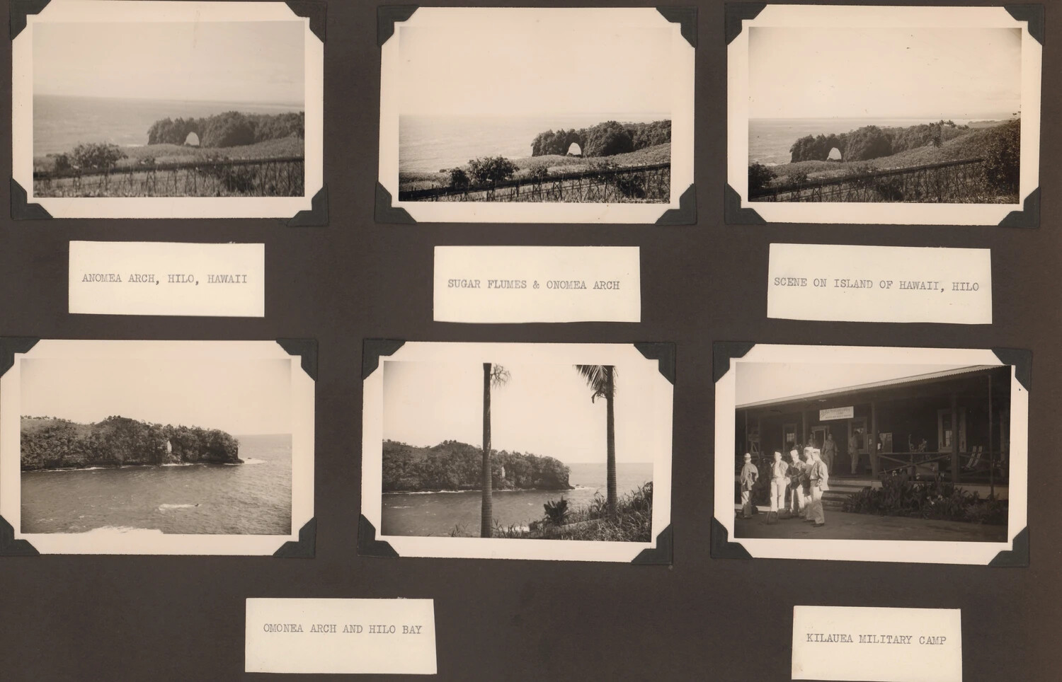 Scrapbook Page of Hilo, Hawaii Scenic Photographs, Including Onomea Arch and Kilauea Military Camp