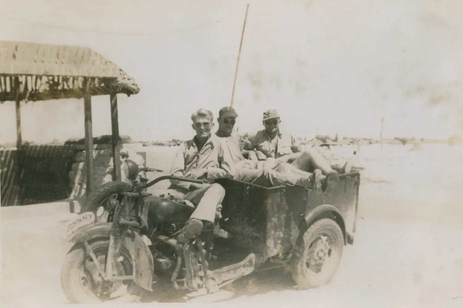 Three Servicemen Aboard Motor-Tricycle "Johnny" - Pat McAleer Collection, Pacific Theater