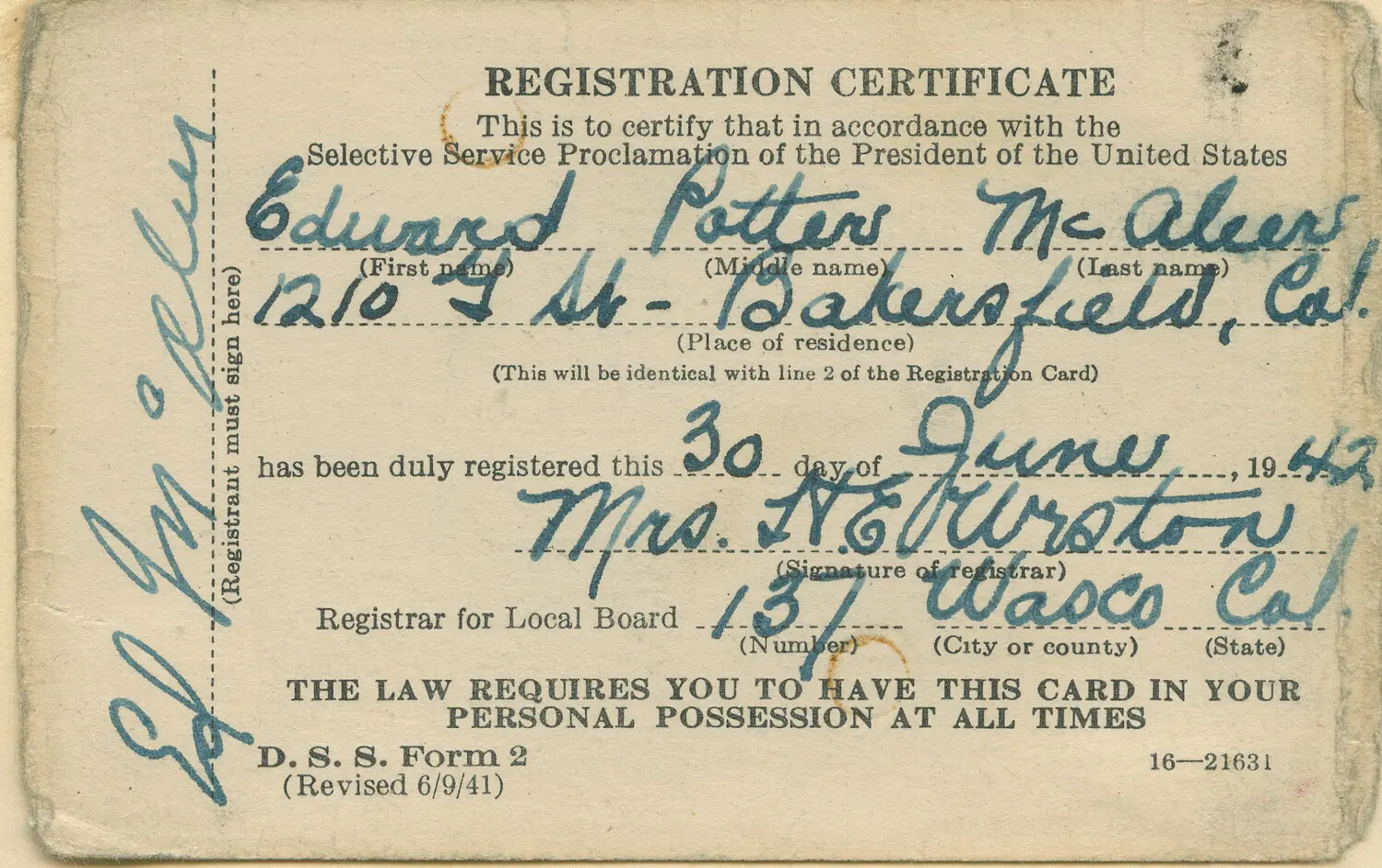 WWII Selective Service Registration Certificate, Edward Potter McAleer, 1942