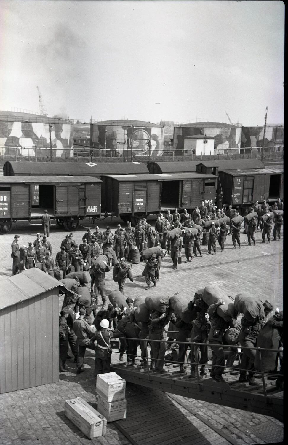 Troops Boarding Ship via Gangway at the Port of Bremerhaven, Germany, WWII Era