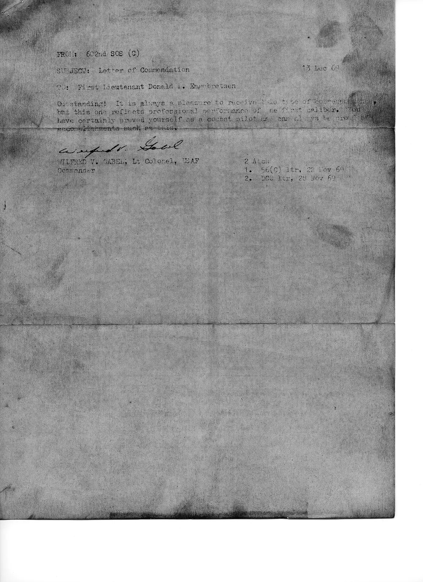 602nd SOS Letter of Commendation to 1Lt Donald L. Engebretsen, 13 December 1969