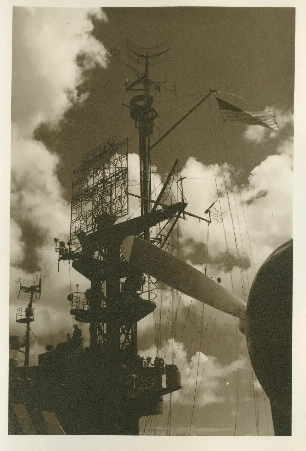 Aircraft Wing Passing Close to Carrier Mast and Radar Array, USS Petrof Bay (CVE-80), WWII