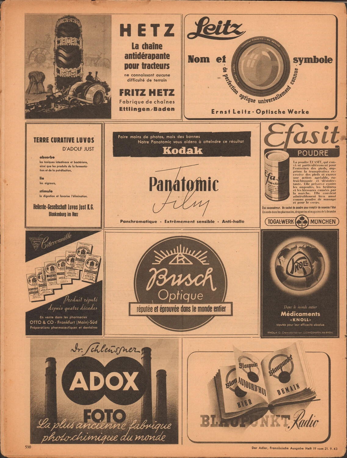 Der Adler (French Edition), Heft 19, 21 September 1943 -- Page 590: Full-Page Commercial Advertisement Grid