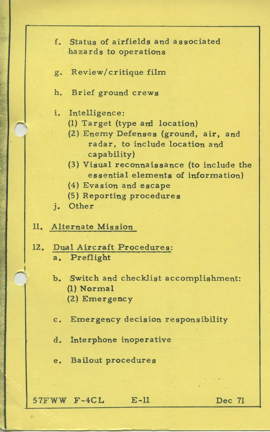 USAF 57th Fighter Weapons Wing F-4 Combat Checklist, Section E-11, December 1971