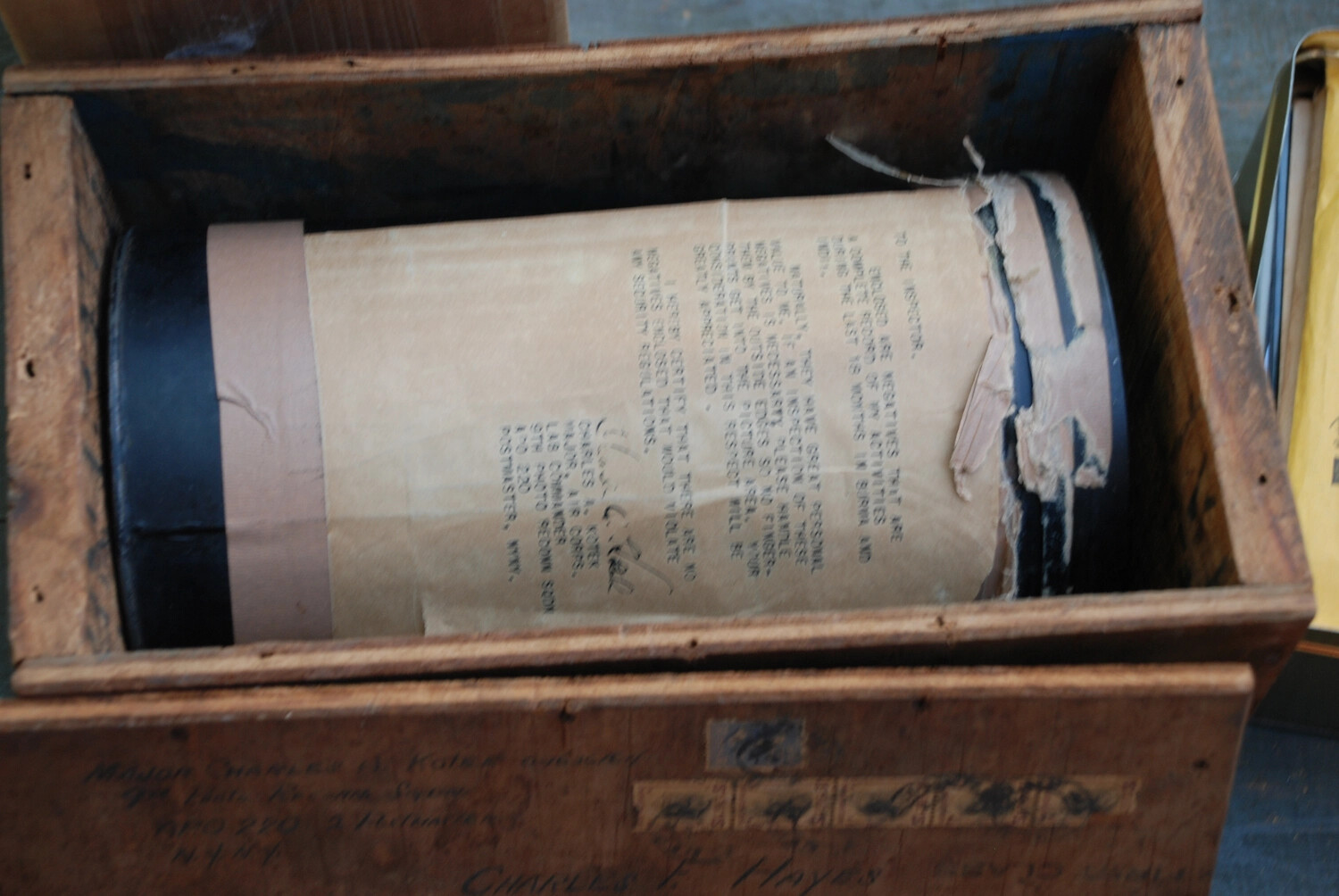 Wooden Crate with Wrapped Negative Roll and Typed Security Certification Letter, CBI Theater, WWII