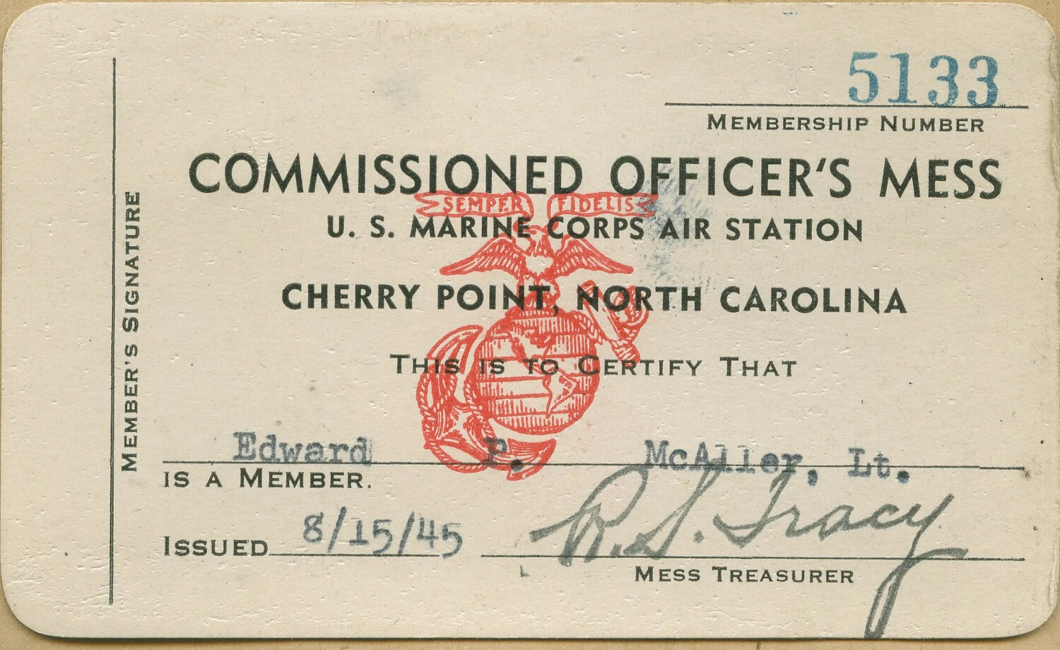 Commissioned Officer's Mess Membership Card, MCAS Cherry Point, North Carolina, 1945