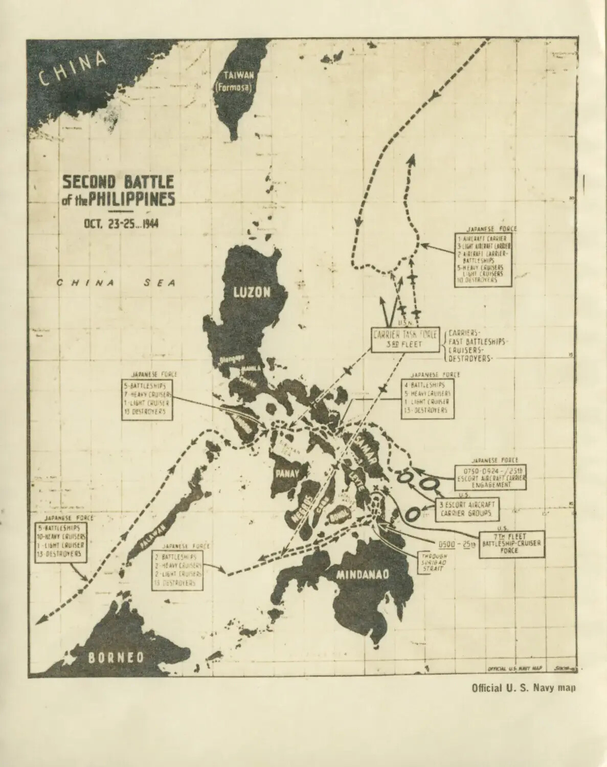 Official U.S. Navy Map: Second Battle of the Philippines (Battle of Leyte Gulf), October 23-25, 1944