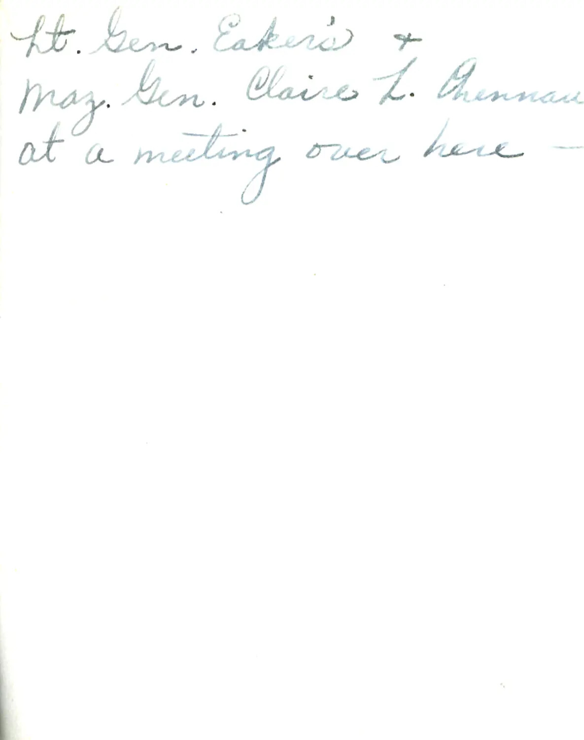 Handwritten Archival Caption Card: 'Lt. Gen. Eaker's & Maj. Gen. Claire L. Chennault at a Meeting Over Here'