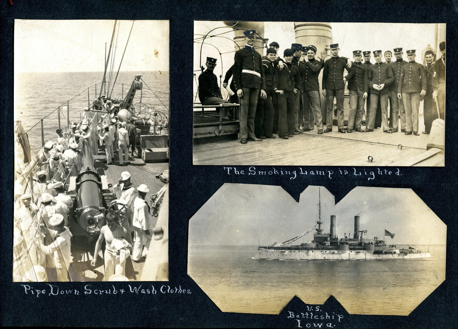 Album Page 311: 'Pipe Down Scrub & Wash Clothes,' 'The Smoking Lamp is Lighted,' and U.S. Battleship Iowa - USS Columbia Album, c. 1898-1910s