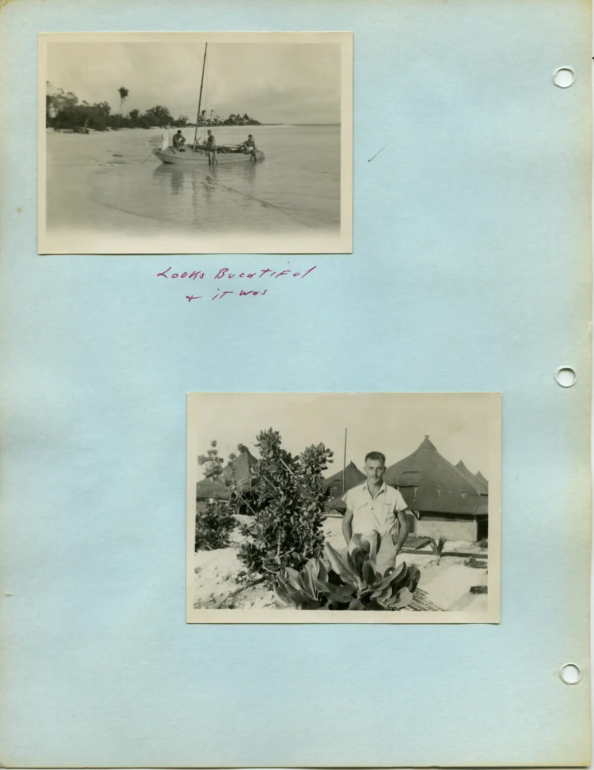 WWII Pacific Island Snapshots – Sailboat and Serviceman Among Tropical Huts, McAleer Album