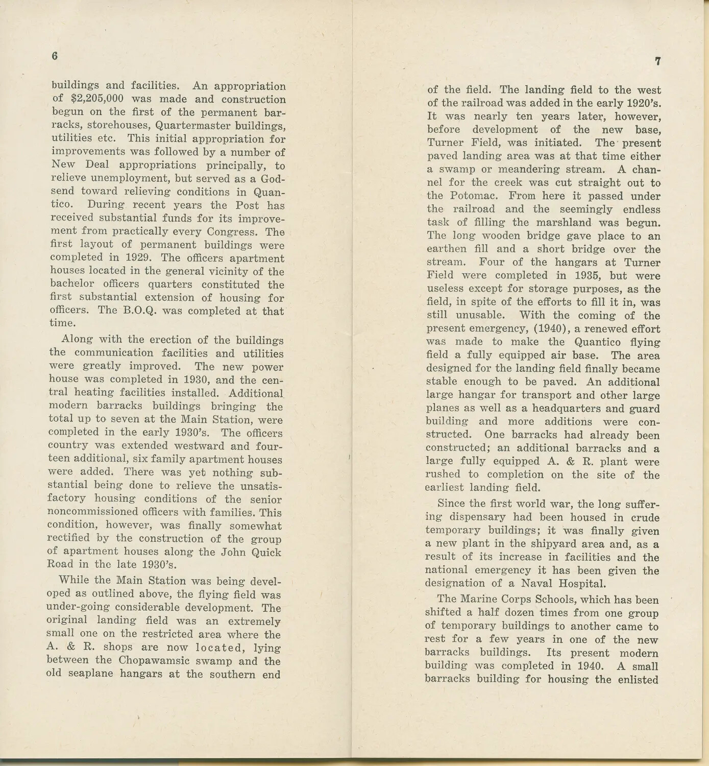 Printed History of Marine Corps Base Quantico, Virginia – Pages 6-7, Base Development and Turner Field Construction