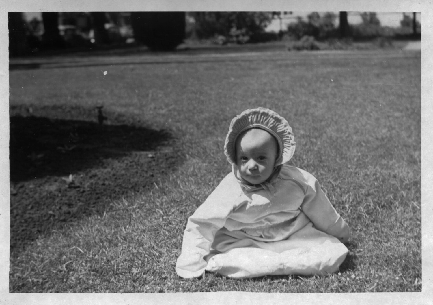 Infant in Bonnet and Christening Gown Seated on Lawn, Bancroft Family Collection