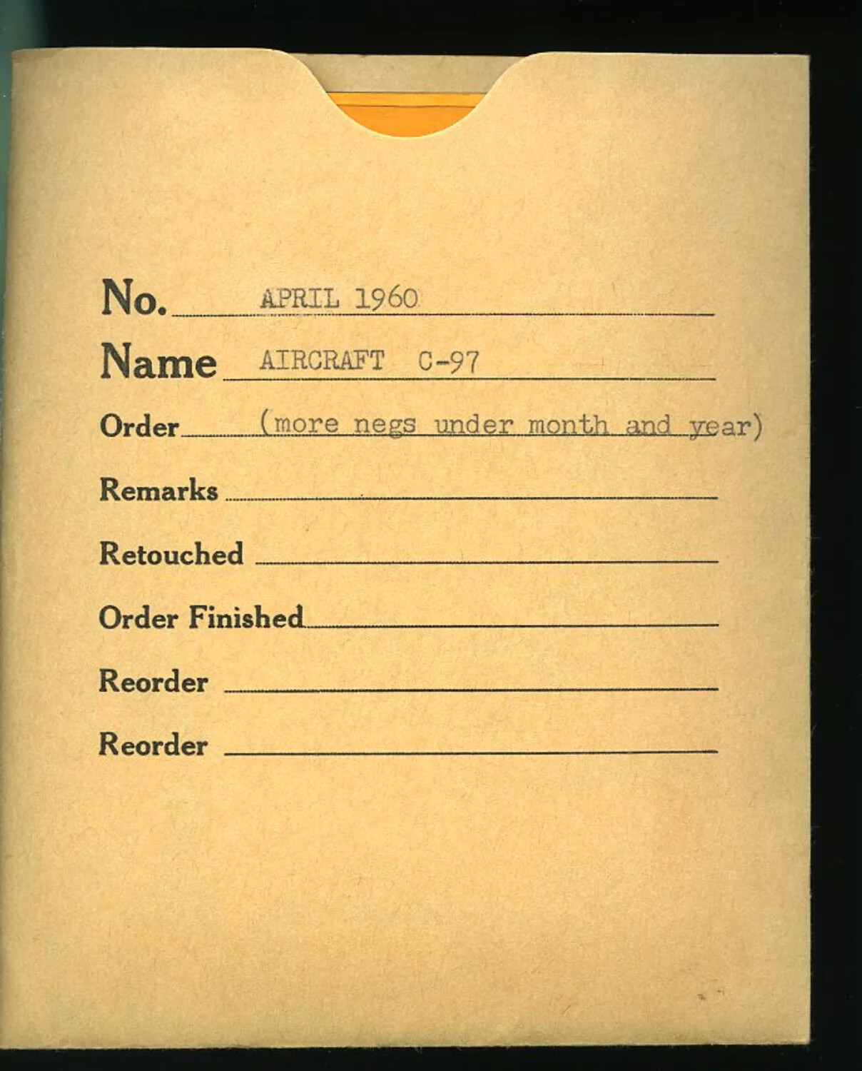 Photo Studio Negative Sleeve, 'April 1960 - Aircraft C-97,' Archival Envelope
