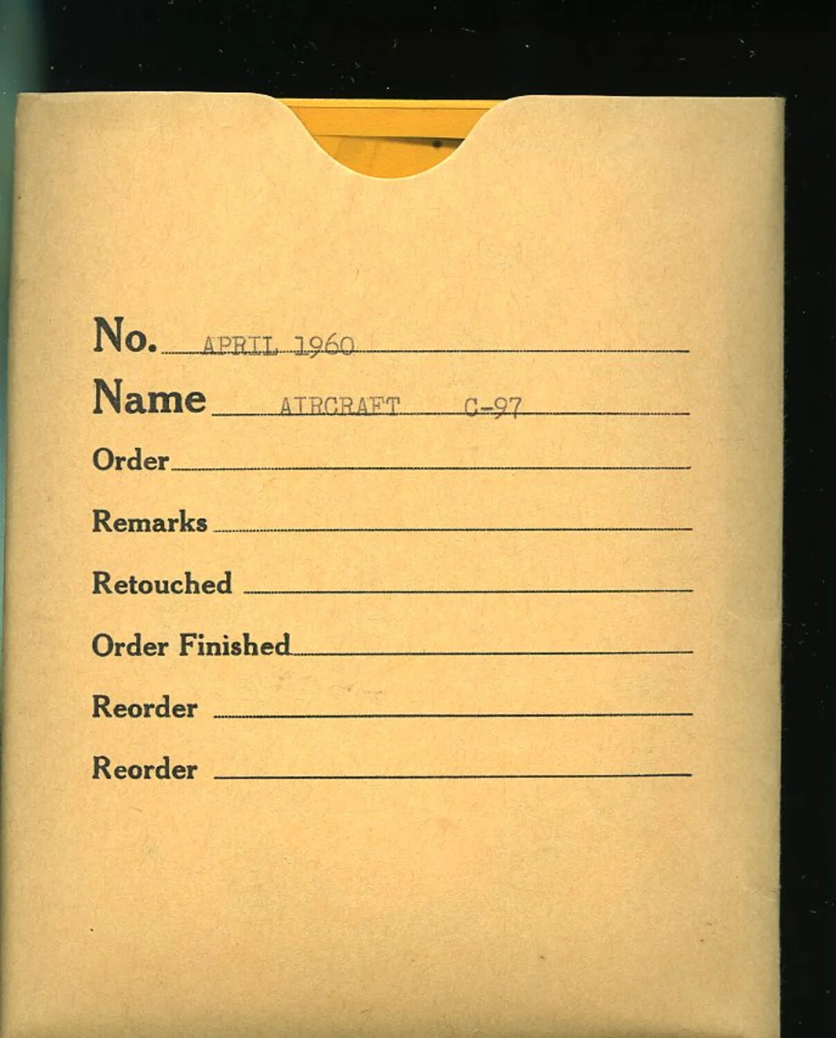 Photographic Negative Envelope Labeled 'Aircraft C-97, April 1960' -- Photo Lab Order Sleeve