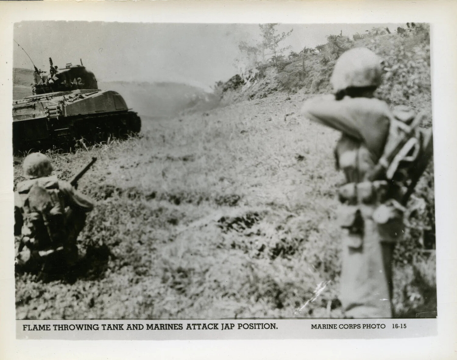Flame-Throwing Tank and Marines Attacking a Fortified Position, Battle of Okinawa, 1945