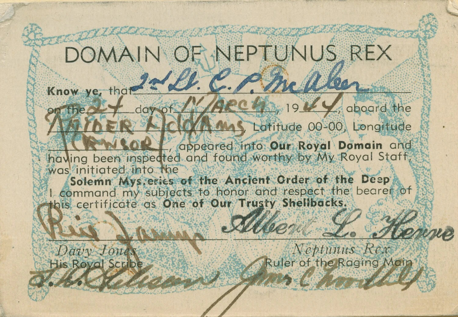 WWII-Era 'Domain of Neptunus Rex' Equator-Crossing Certificate Issued to 2nd Lt. C.P. McAleer, 24 March 1944