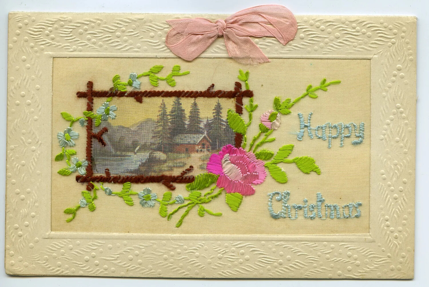 Embroidered Silk 'Happy Christmas' Postcard, Pvt. Willis W. Wagener Correspondence, November 1918
