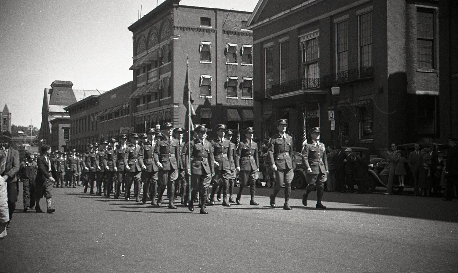 Military Parade Marching Through City Street, Boston, WWII Era