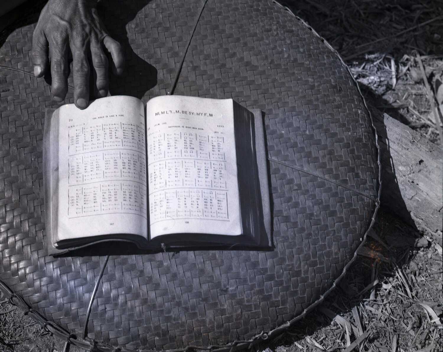Hand Resting on Open Study Book Atop Woven Tray, Burma, WWII (Kotec Collection)