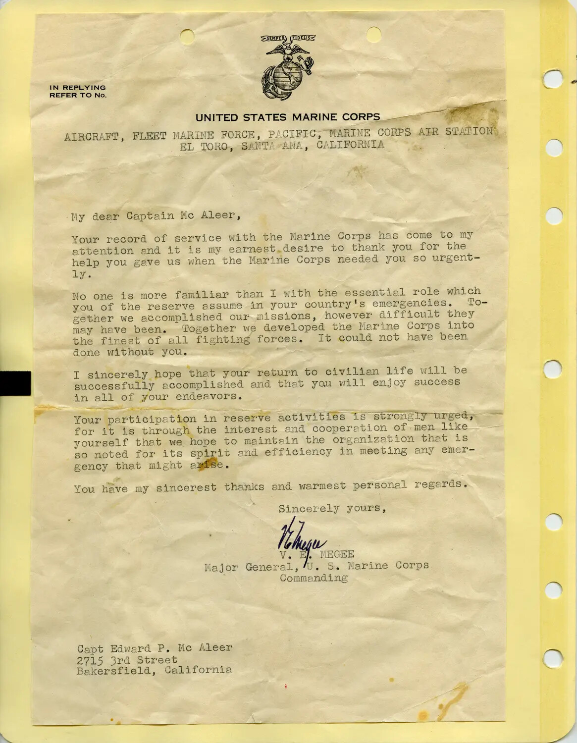 Letter from Major General V. E. Megee, USMC, to Captain Edward P. McAleer, Marine Corps Air Station El Toro