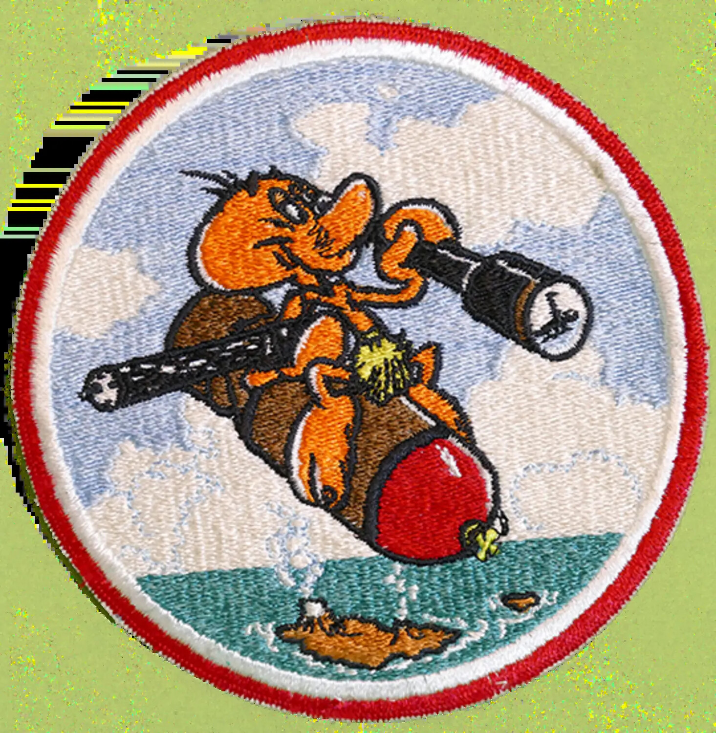 U.S. Navy Squadron Patch -- Cartoon Bombardier Mascot Riding Aerial Bomb, Korean War Era