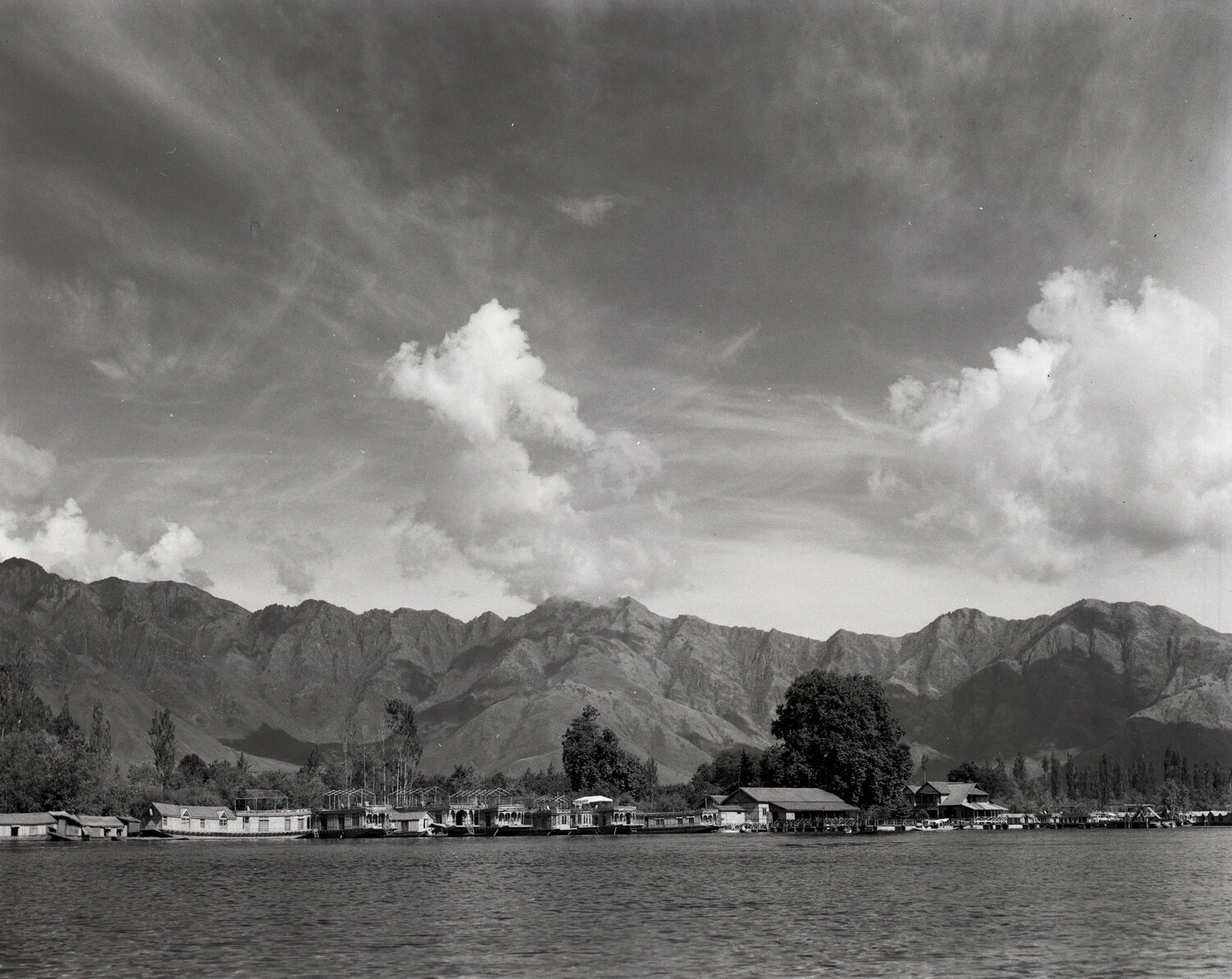 Houseboats on a Lake with Himalayan Foothills, Kashmir (WWII CBI Theater era)