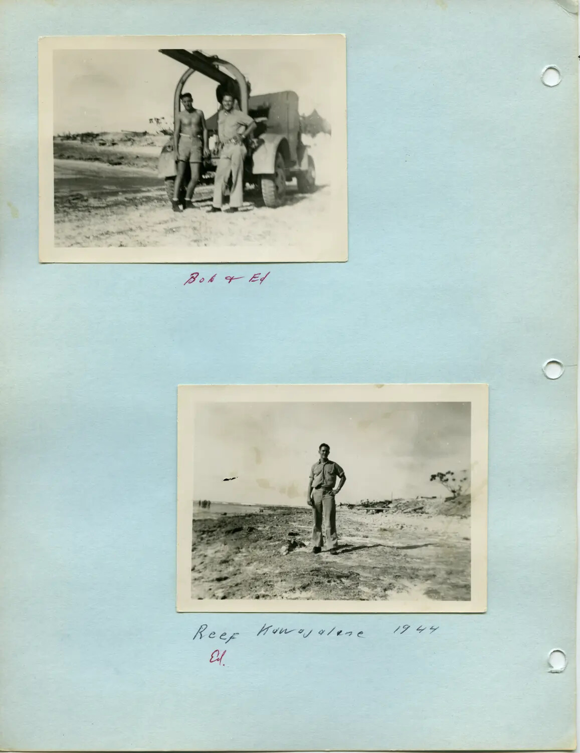 Servicemen Bob and Ed on Kwajalein Atoll, Marshall Islands, 1944 -- Pat McAleer Photo Album