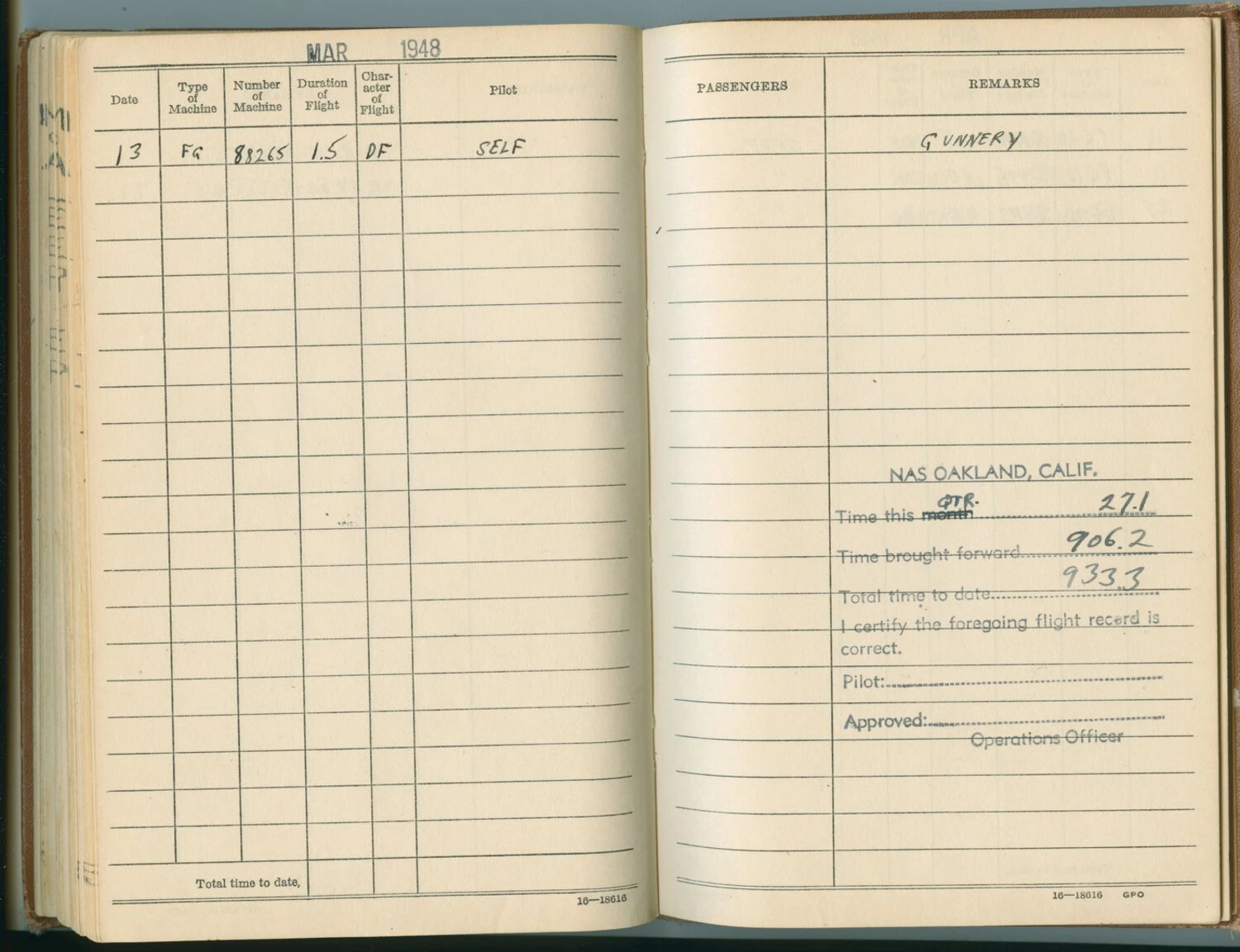 U.S. Navy Pilot Flight Logbook Page, March 1948, NAS Oakland - McAleer Collection