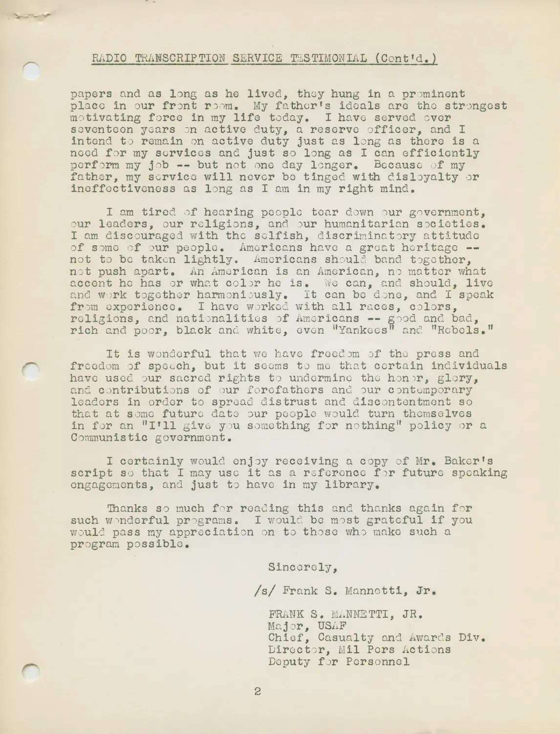 AFRTS Radio Transcription Service Testimonial Letter, Signed by Maj. Frank S. Mannetti, Jr., USAF