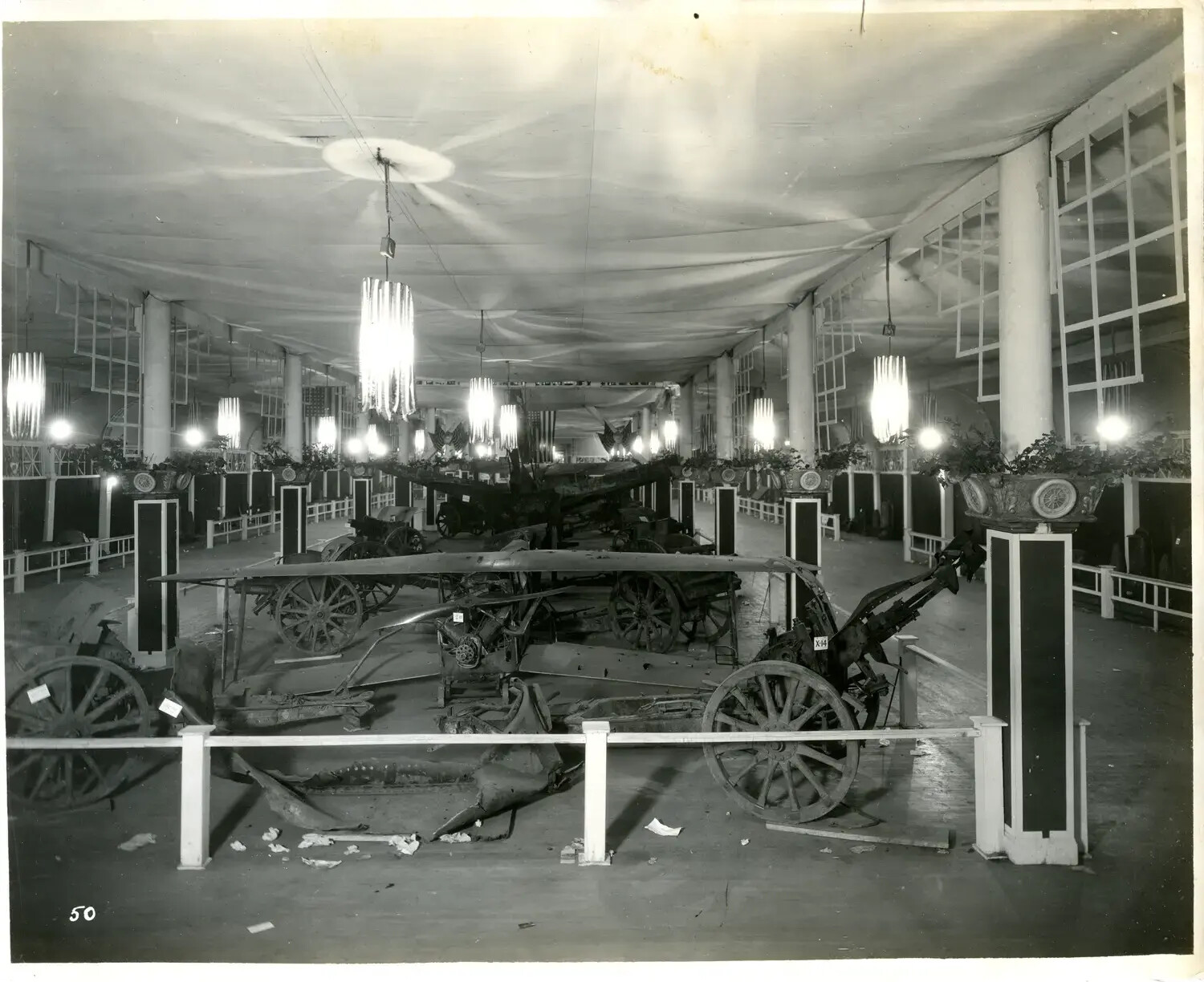 Wrecked Biplane and Field Artillery Displayed as War Trophies, Ohio Exhibition Hall, c. 1918-1919