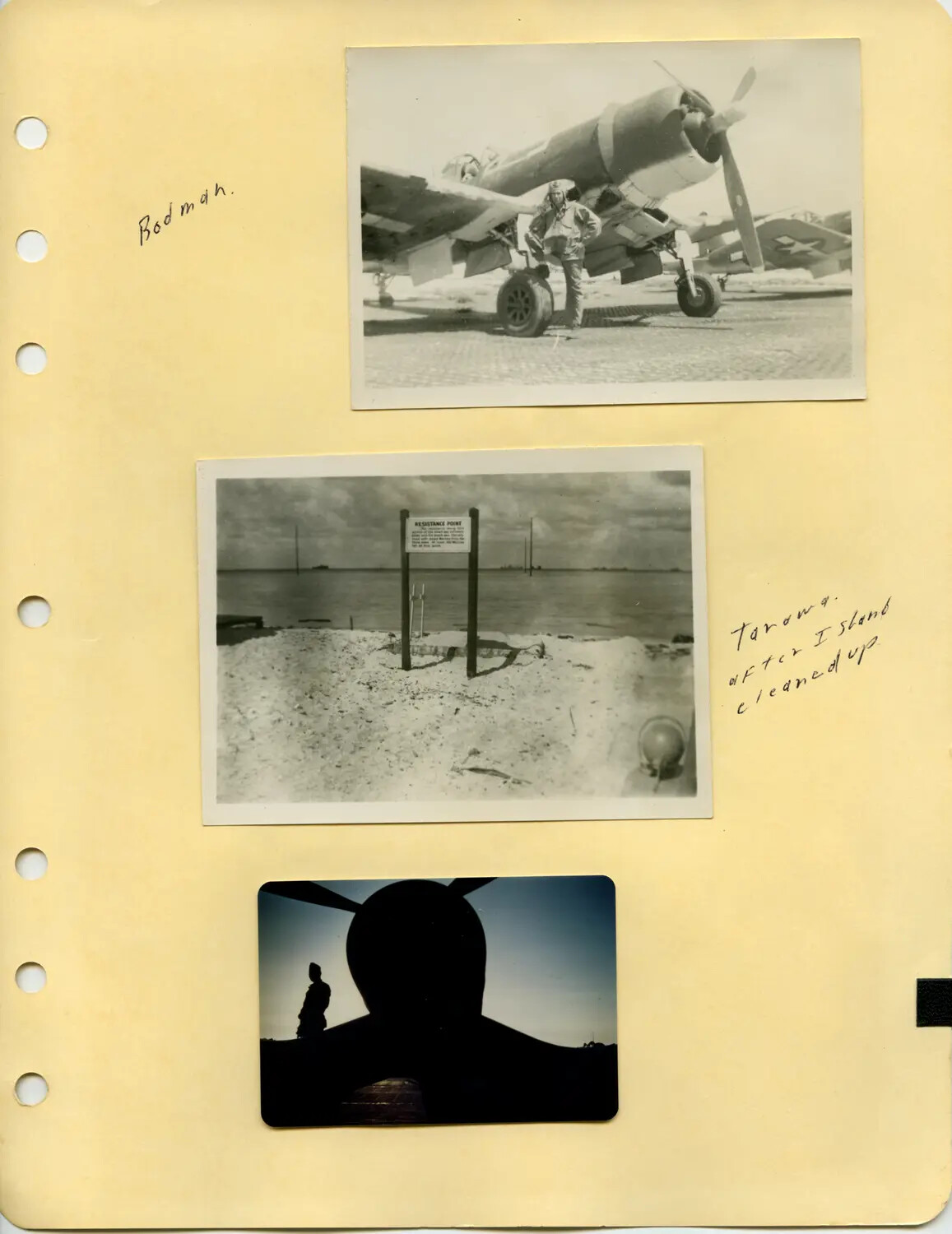WWII Pacific Theater Photo Album Page: Naval Aviator, Tarawa 'Resistance Point,' and Aircraft Silhouette (Pat McAleer Collection)