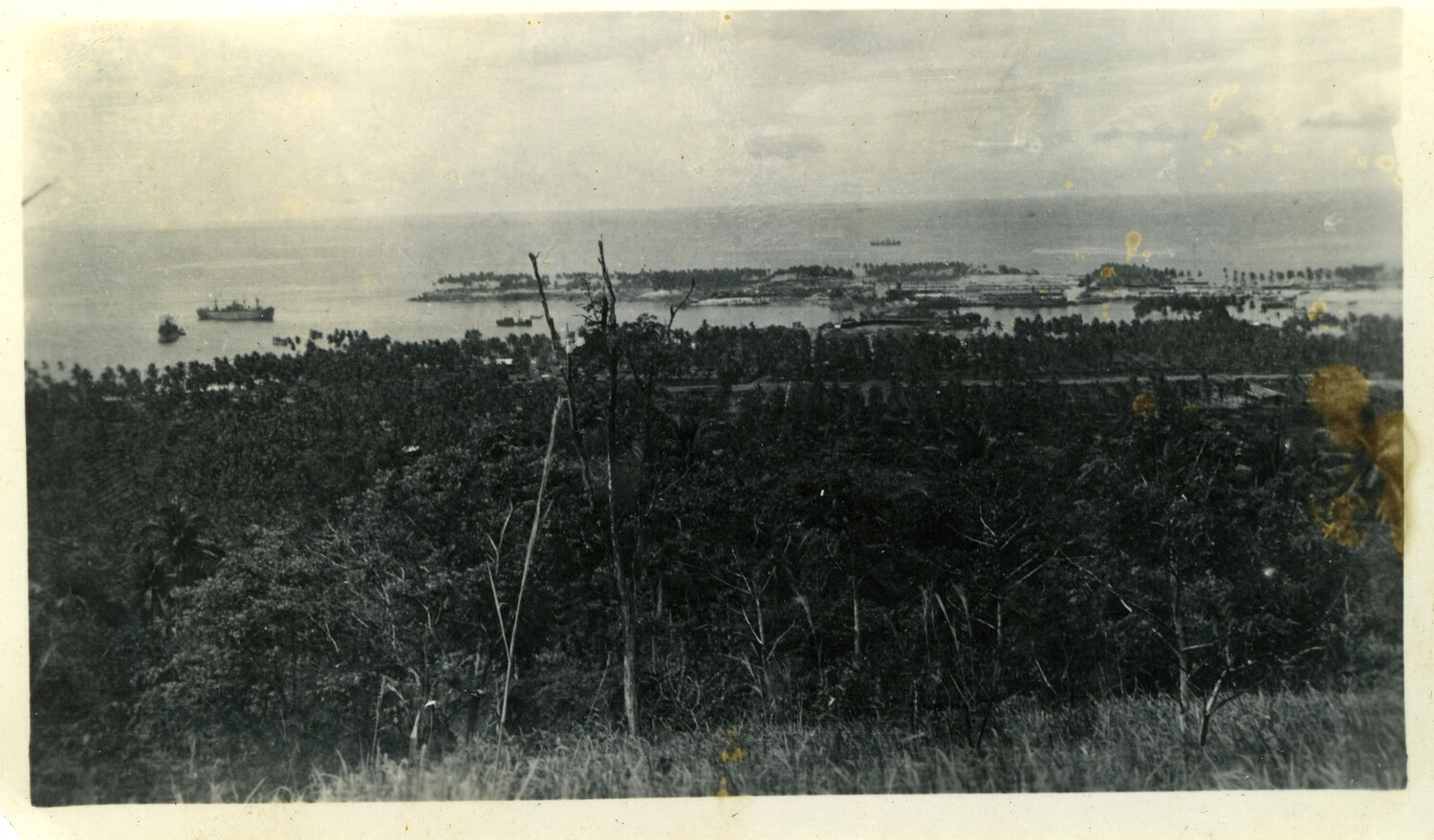 Elevated View of Pacific Island Coastline and Anchorage, Possibly Okinawa, WWII Era