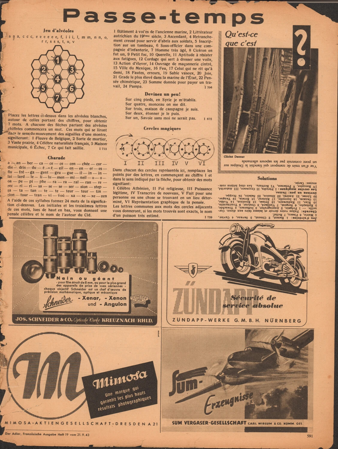 Der Adler (French Edition), Heft 19, 21 September 1943, p.591: 'Passe-temps' Puzzle Page with Period Advertisements