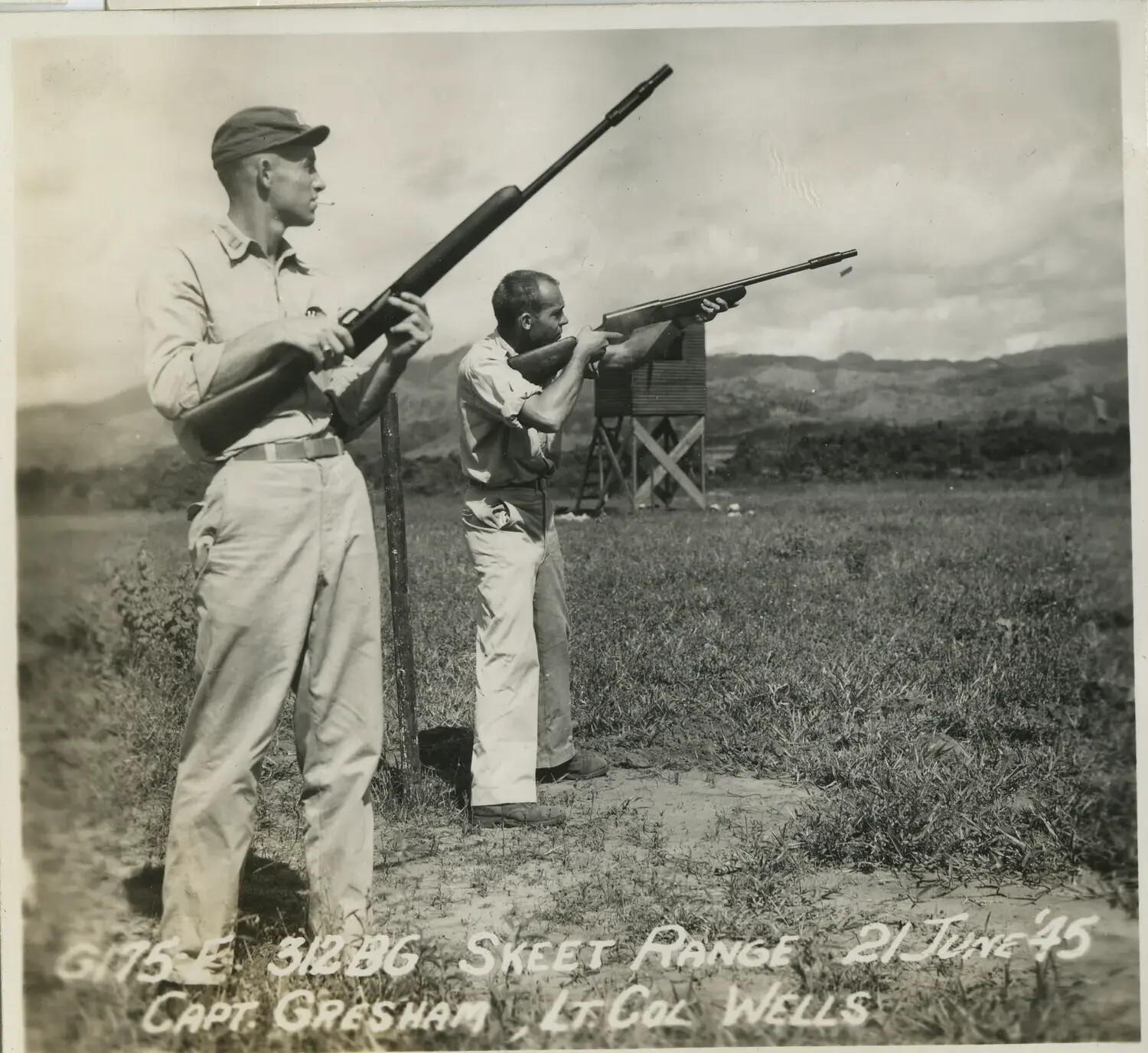 Capt. Gresham and Lt. Col. Wells at 312th Bomb Group Skeet Range, 21 June 1945