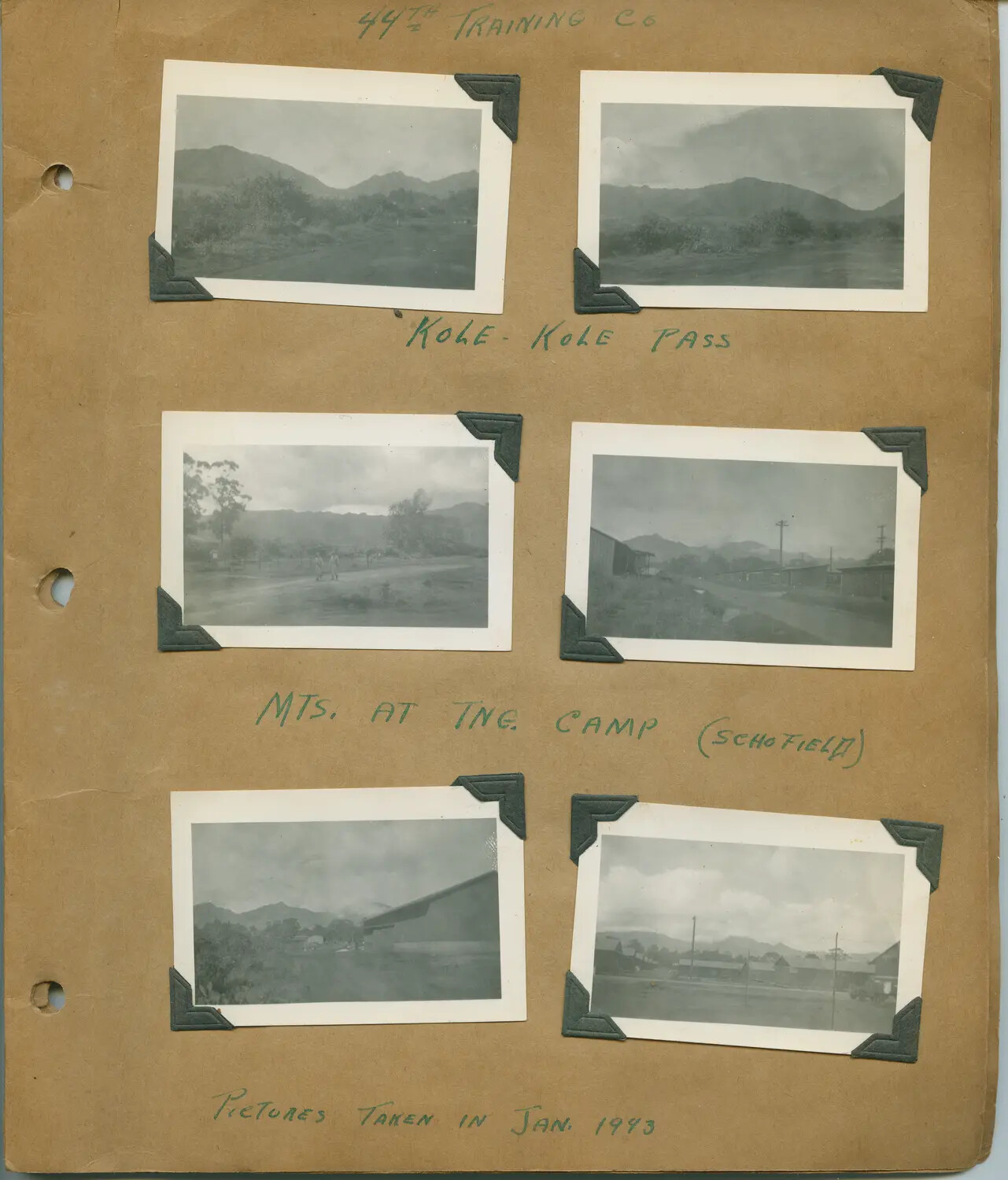 Hawaii WWII Photo Album Page: 44th Training Co., Kolekole Pass and Schofield Barracks, January 1943