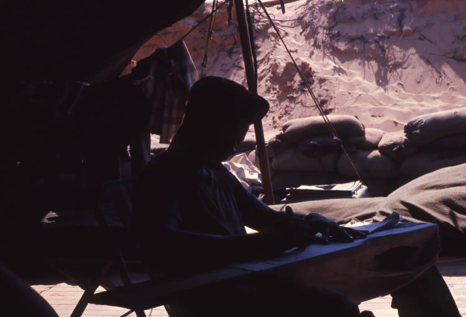Soldier at a Field Desk in a Sandbagged Position, Cam Ranh Bay, Vietnam