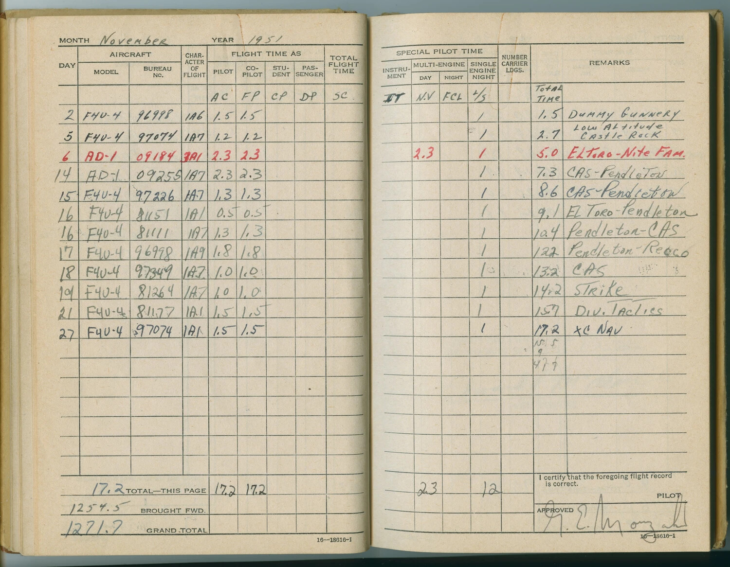 Naval Aviator's Flight Log Book, November 1951 - F4U-4 Corsair and AD-1 Skyraider Training Sorties