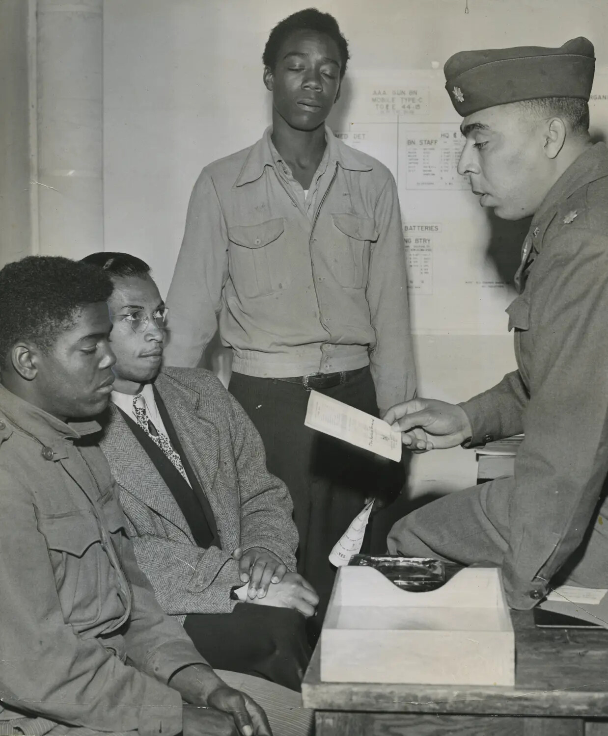 New Recruits Being Processed and Briefed at Headquarters of the 719th Anti-Aircraft Gun Battalion, California National Guard, Alameda, California, circa 1949