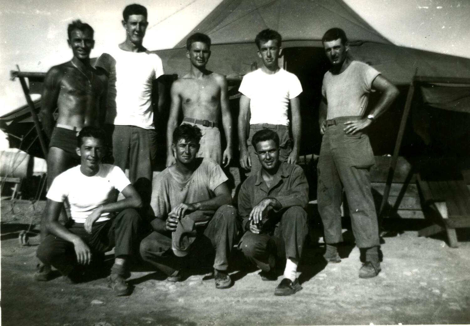Group Portrait of U.S. Marines at Field Camp, Pacific Theater, WWII (5th Marine Division)