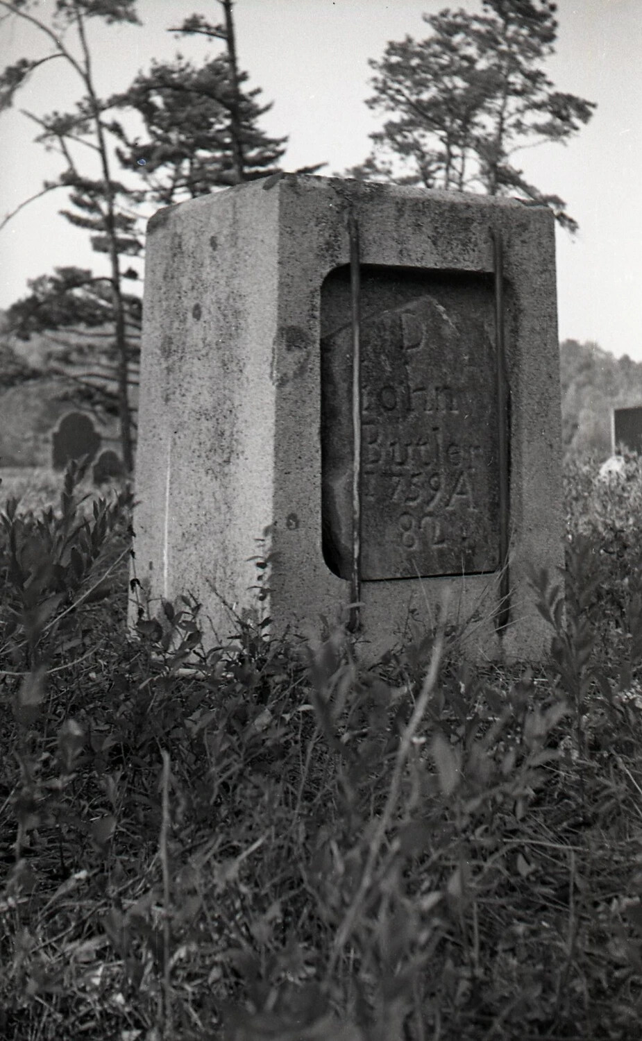 Colonial-Era Gravestone of John Butler (1759) in Protective Granite Frame