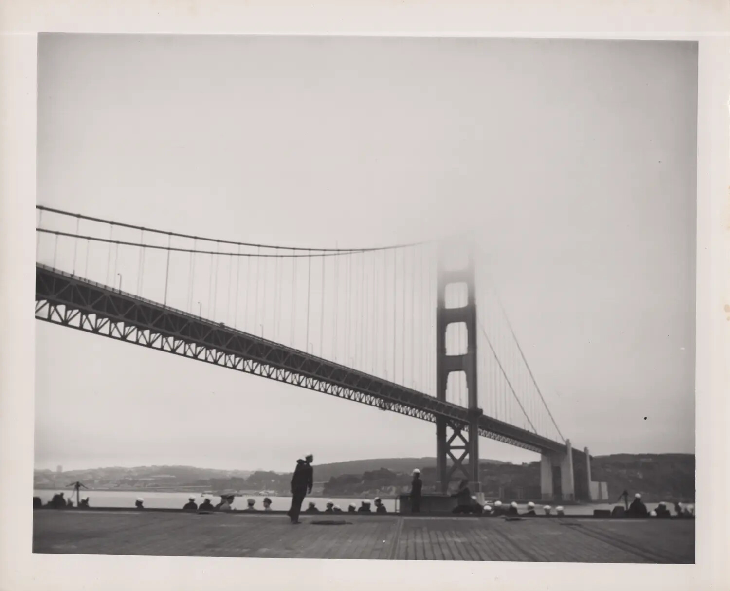 Aircraft Carrier Passing Beneath the Golden Gate Bridge, WWII Era