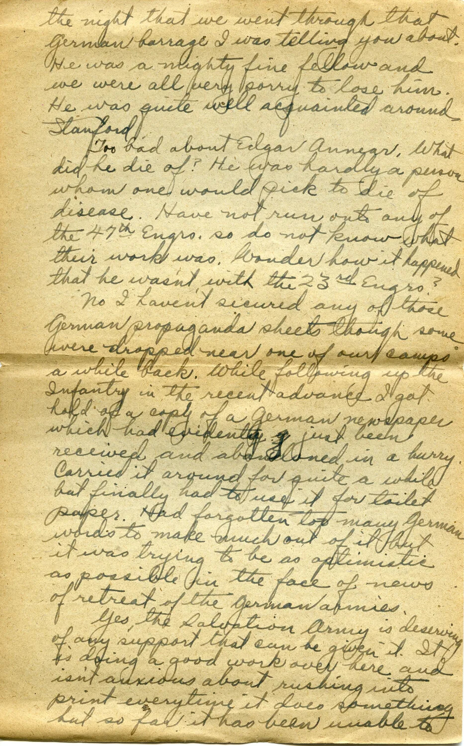 WWI Soldier's Letter, Pvt. Willis W. Wagener, 'Letter 20' Page H — German Barrage, Propaganda Newspaper, and Salvation Army