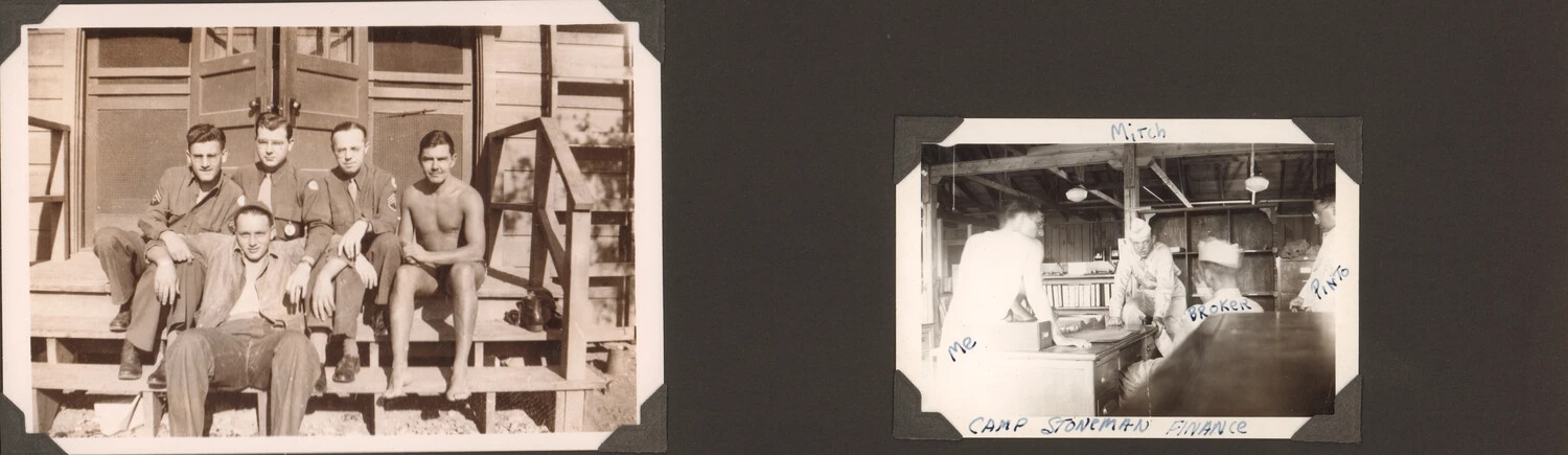 WWII Photo Album Page: Soldiers at Barracks and Camp Stoneman Finance Office Staff