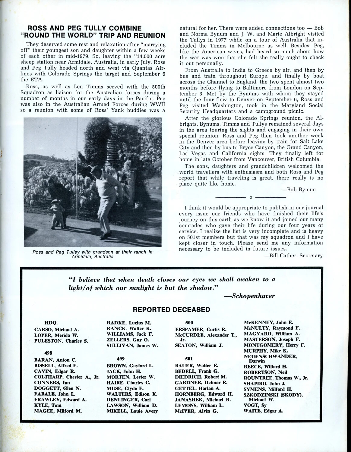Air Apache Journal (1979) - 'Ross and Peg Tully' Reunion Article and Reported Deceased Memorial List