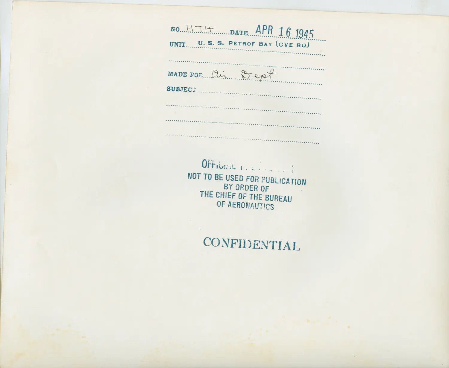 U.S. Navy Bureau of Aeronautics Photograph Caption Sheet, USS Petrof Bay (CVE-80), 16 April 1945