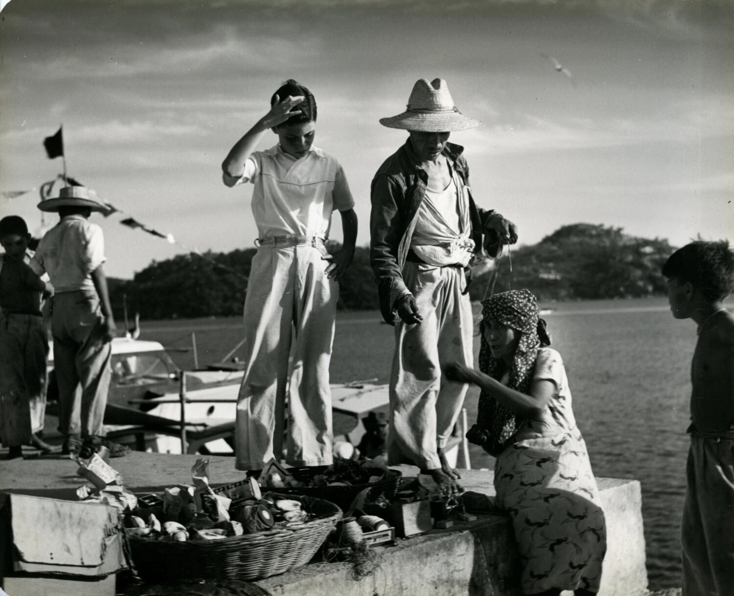 Dockside Vendors and Market Scene, Coastal Mexico, 1949